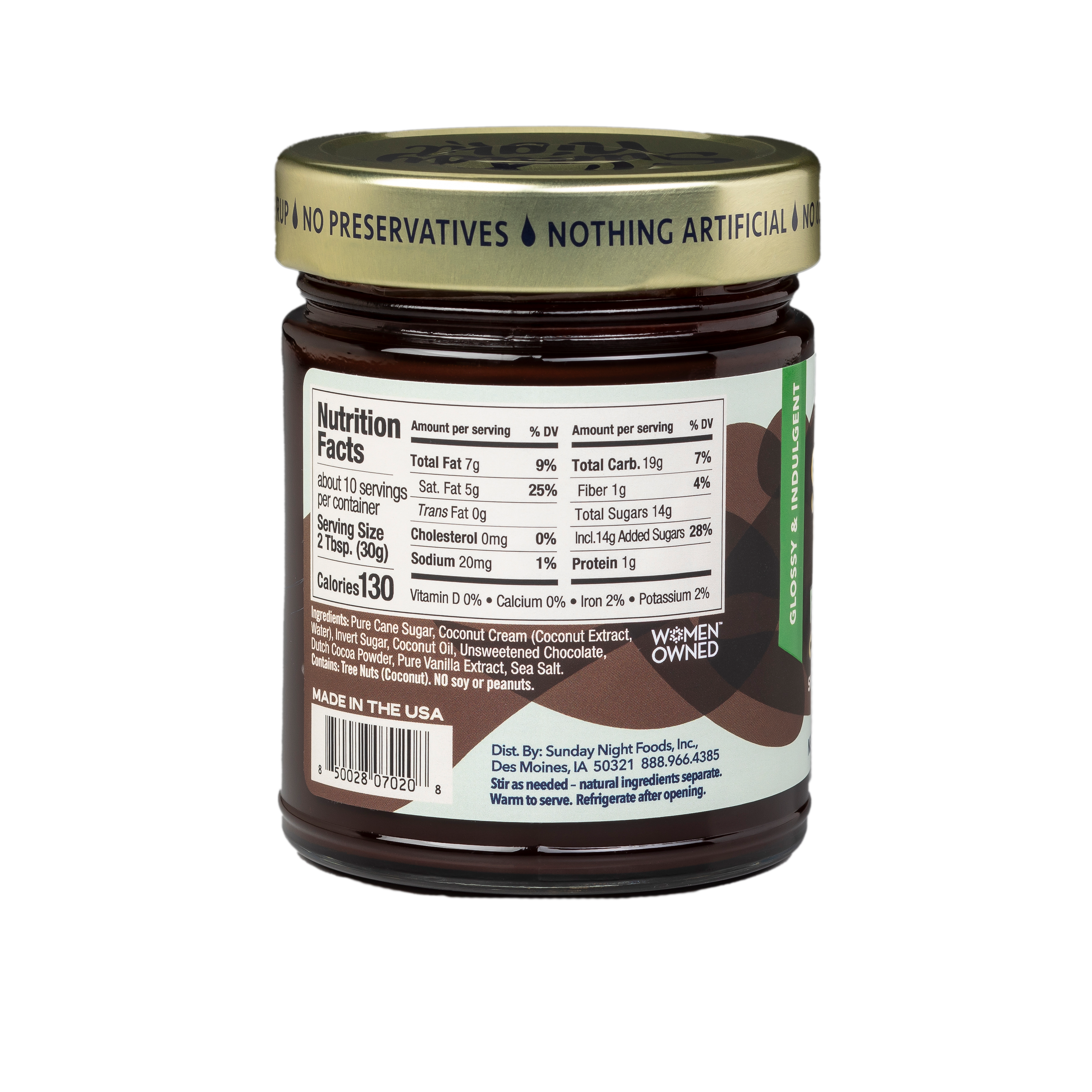 Back of vegan Fudgy Sauce jar that includes the nutritional facts.