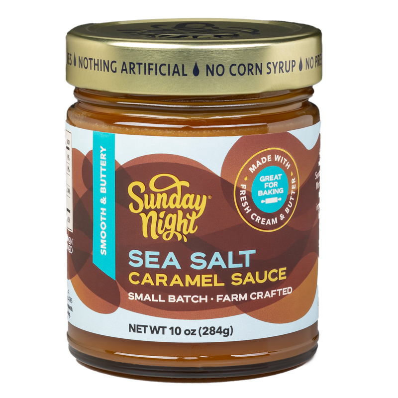 Sea Salt Caramel Jar front, with call outs including: Smooth & Buttery, small batch, farm crafted, great for baking, and made with fresh cream & butter.