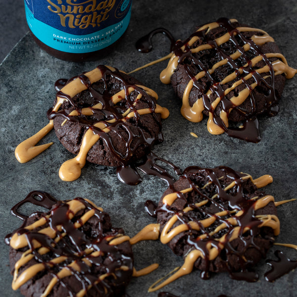 Sunday Night® Peanut Butter and Chocolate Fudge Cookies with Sunday Night® Dark Chocolate + Sea Salt Premium Dessert Sauce