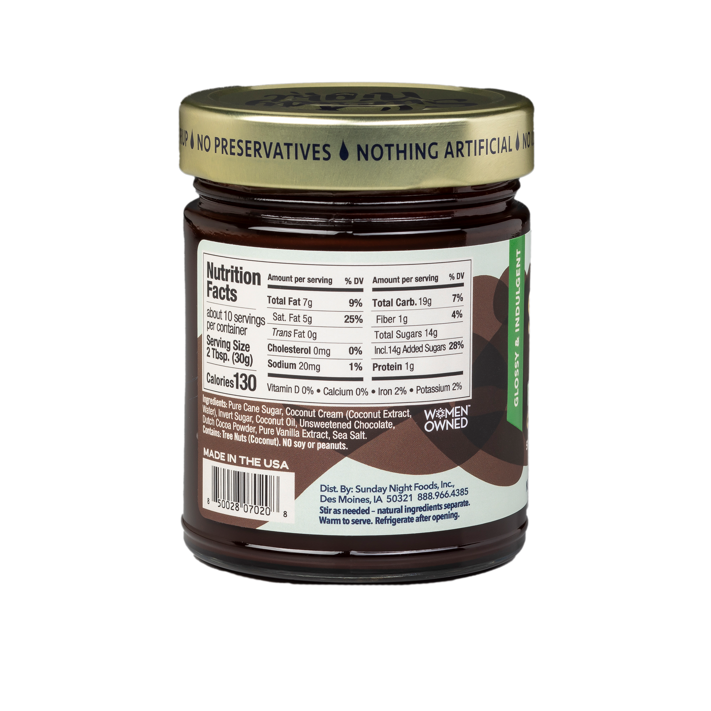 Back of vegan Fudgy Sauce jar that includes the nutritional facts.