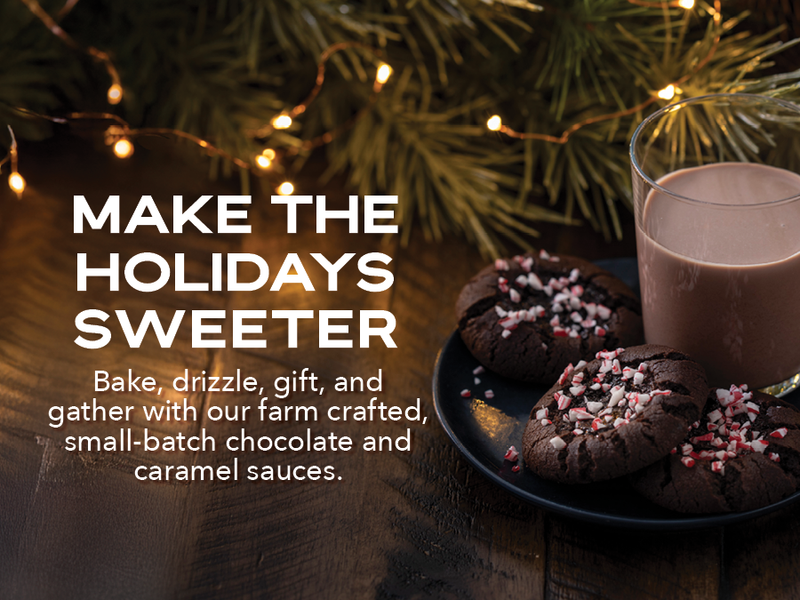 Make the holidays sweeter, like these peppermint chocolate cookies and chocolate milk. Bake, drizzle, gift and gather with all of our chocolate and caramel sauces. 