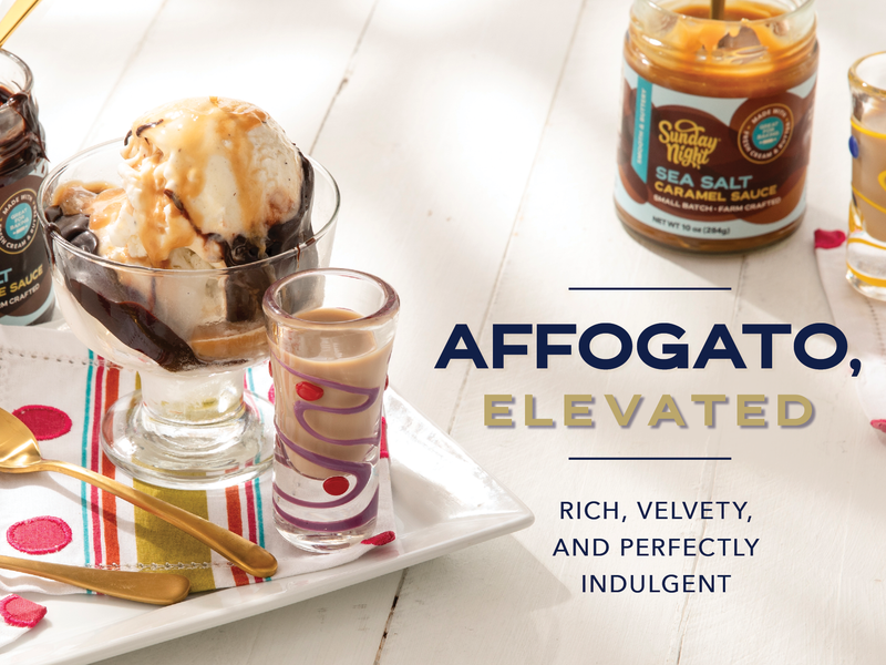 Affogato dessert of ice cream and espresso topped of with a decadent serving of Sunday Night Chocolate & Caramel Sauces. Rich, velvety and perfectly indulgent.