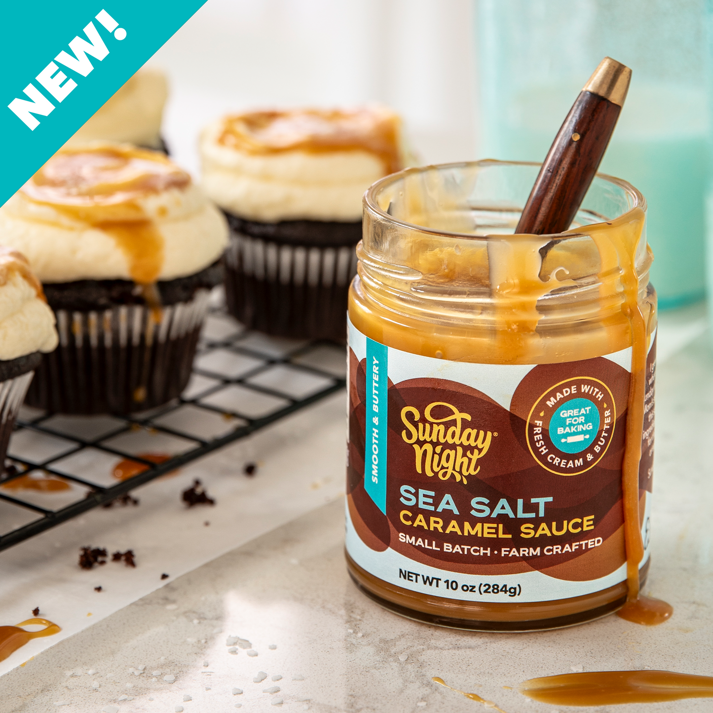 NEW: Try Sunday Night Sea Salt Caramel Sauce drizzled on decadent chocolate cupcakes.