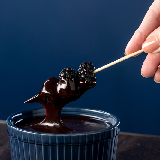 Sunday Night  Recipe: Blackberries dipped in vegan Fudgy Chocolate Sauce.